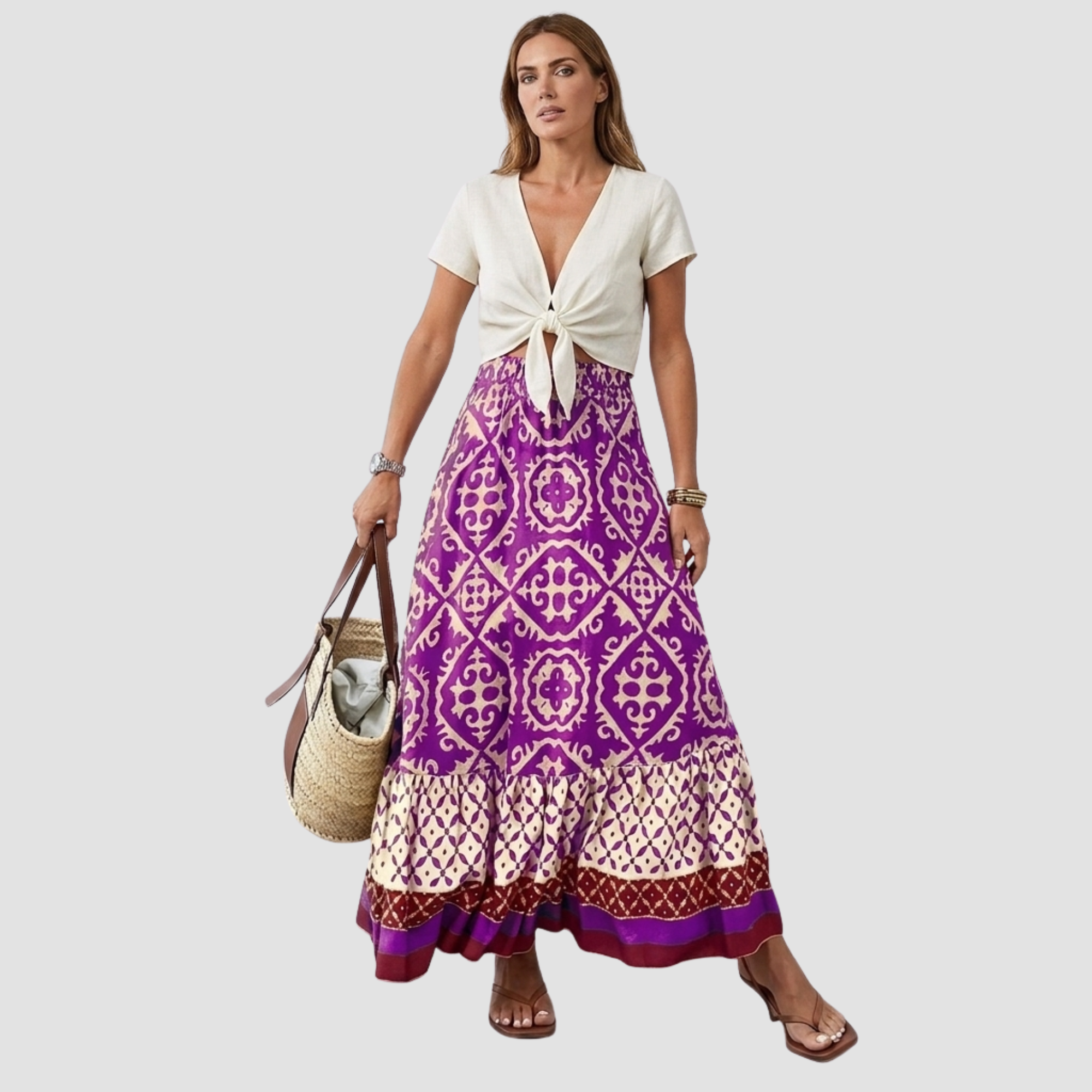 Maya | Jupe Maxi Bohème – Jupe d'été élégante à imprimé carreaux et volant