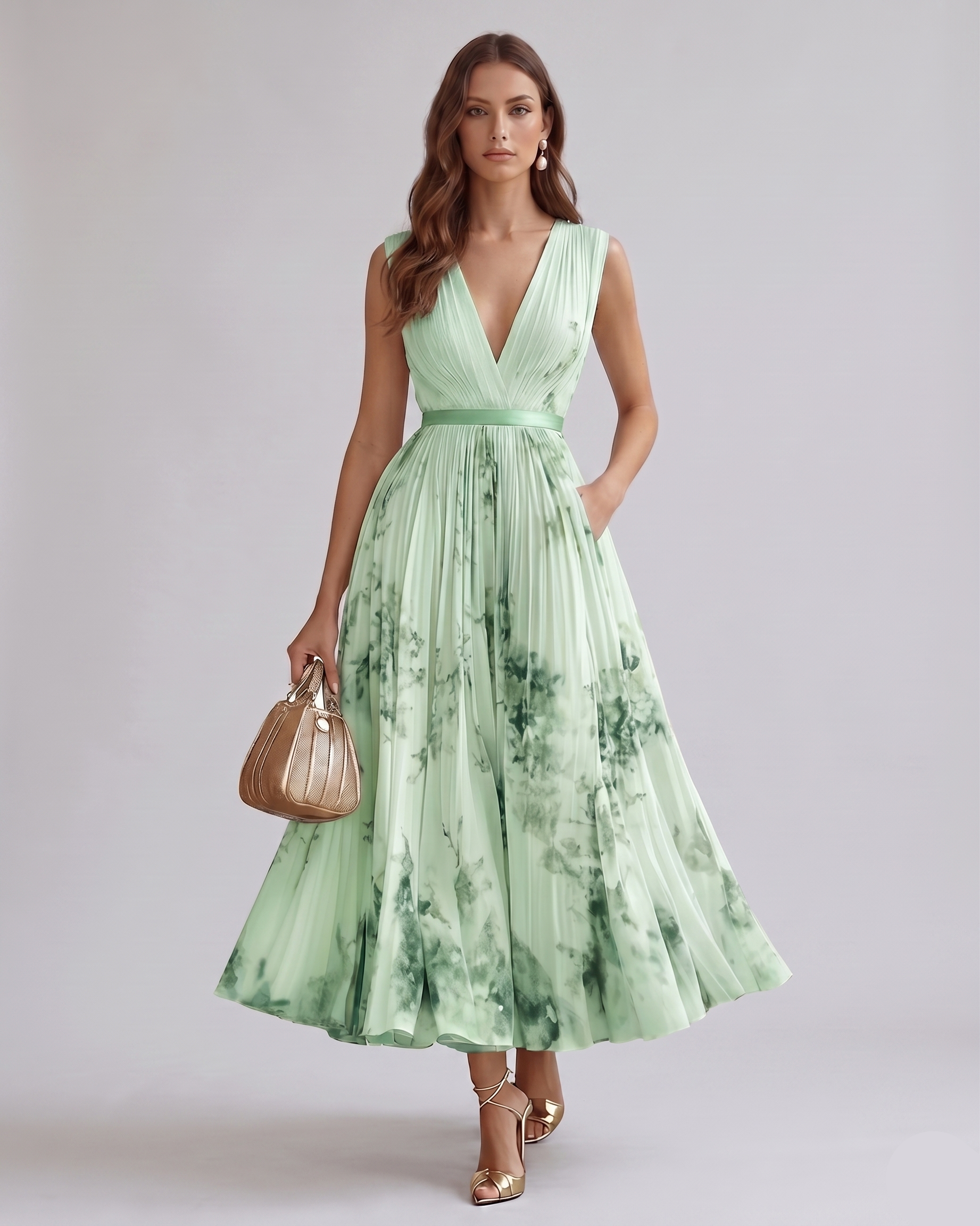 Rowella | Robe longue plissée – Élégante robe fluide avec col en V