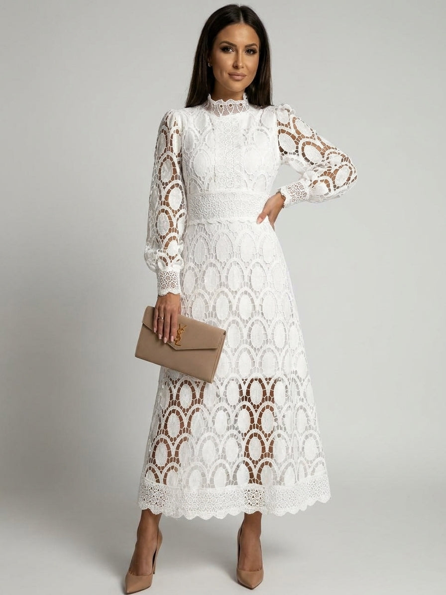 Renata | Robe midi pour mariage – Robe en dentelle élégante à manches bouffantes et col montant