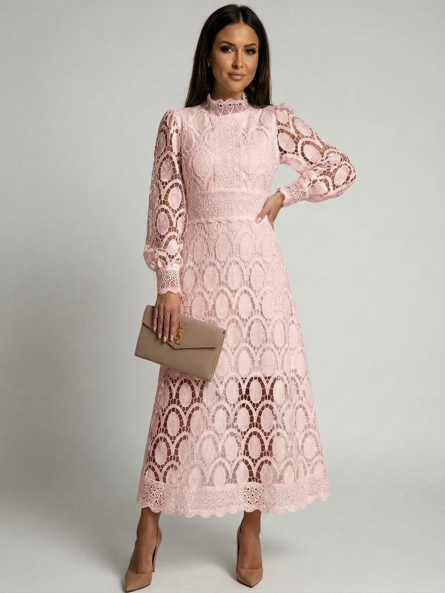 Renata | Robe midi pour mariage – Robe en dentelle élégante à manches bouffantes et col montant
