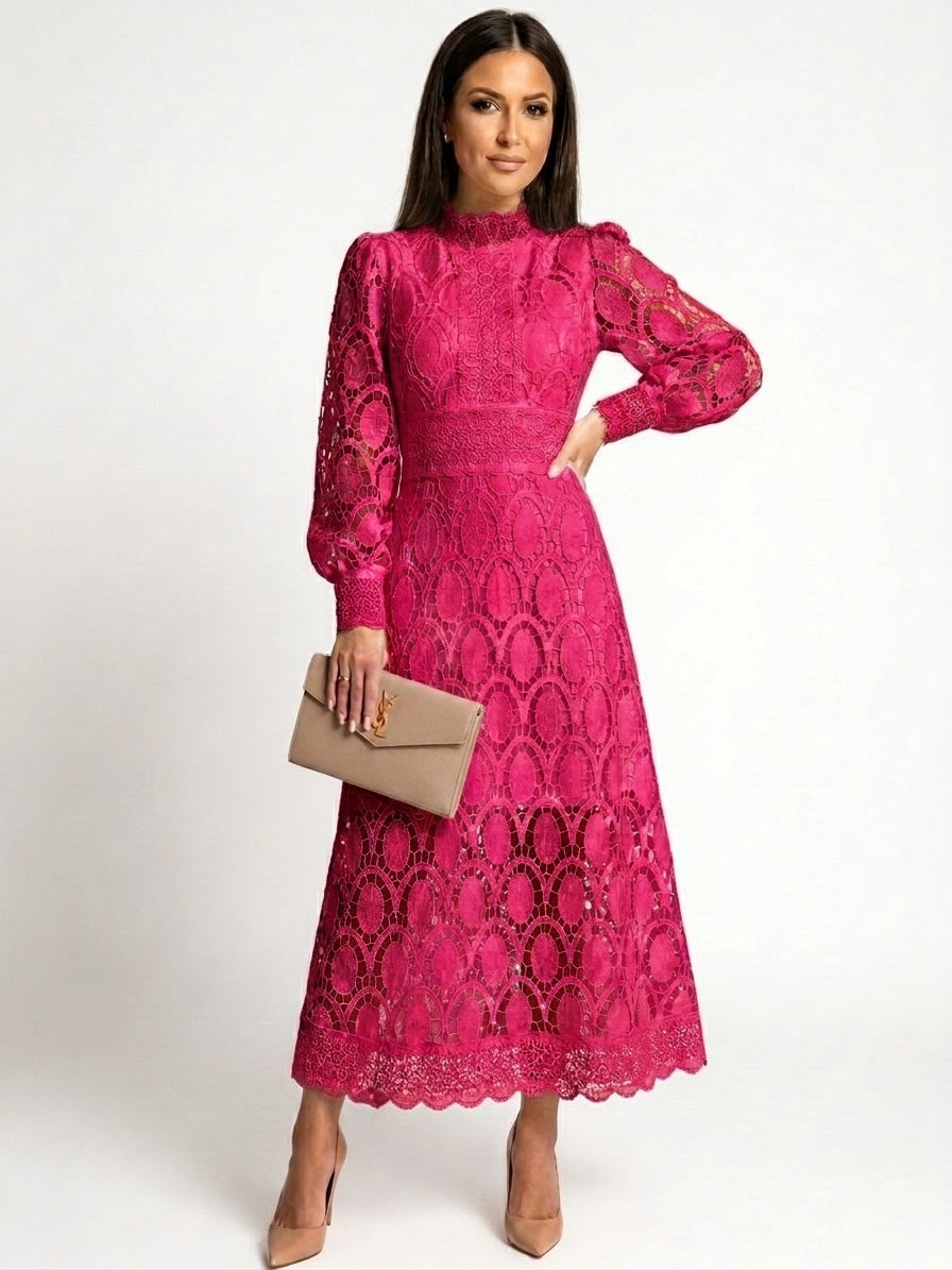 Renata | Robe midi pour mariage – Robe en dentelle élégante à manches bouffantes et col montant