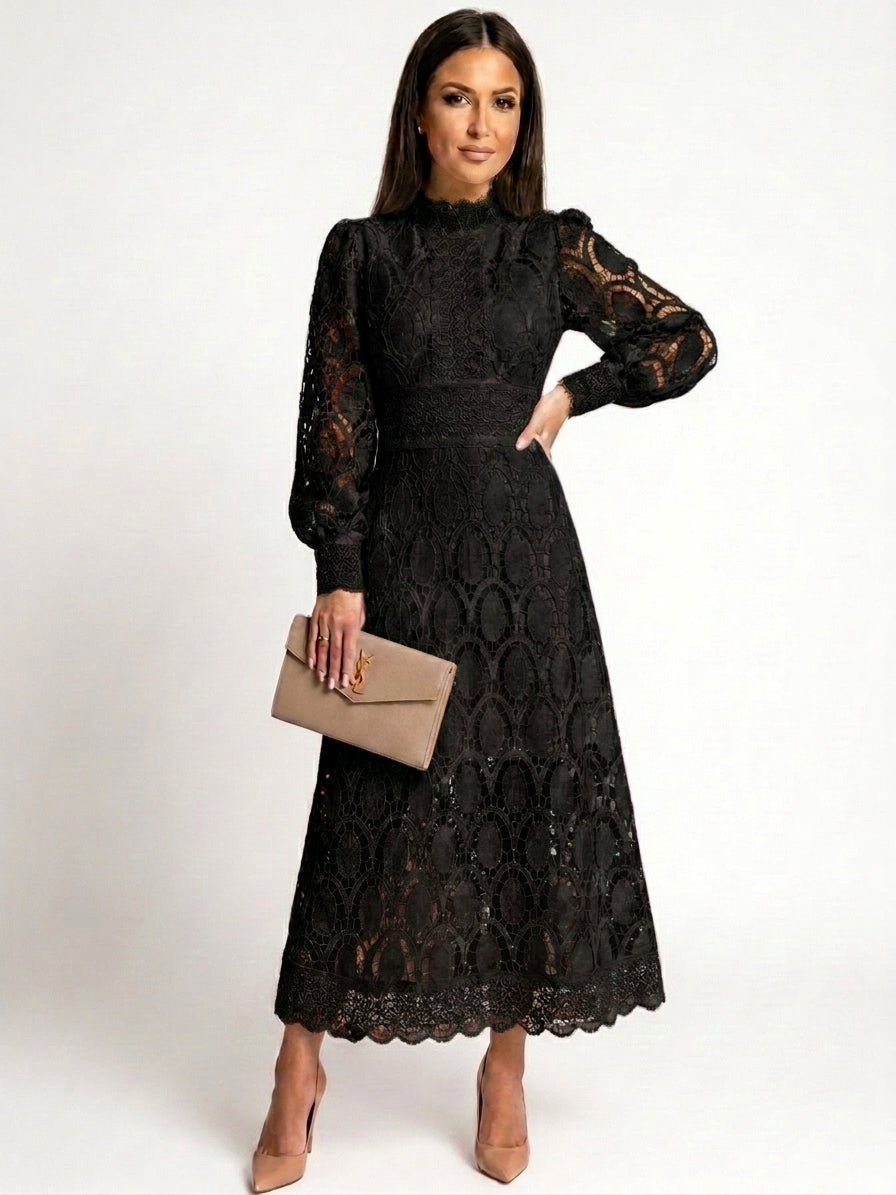 Renata | Robe midi pour mariage – Robe en dentelle élégante à manches bouffantes et col montant