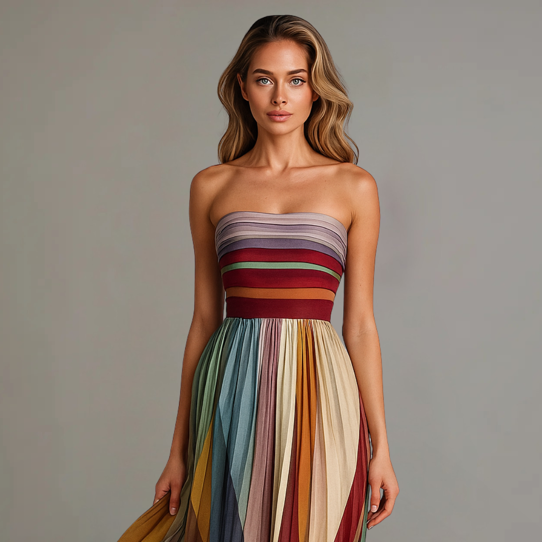 Luella | Robe Longue Élégante – Robe Bustier Plissée Multicolore pour Femmes