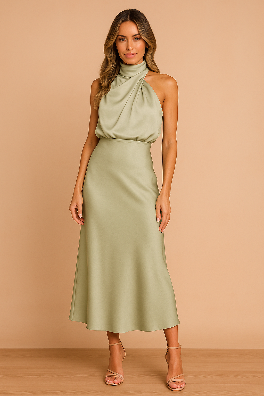 Madelyn | Robe midi pour mariage – Robe élégante à encolure drapée et coupe raffinée