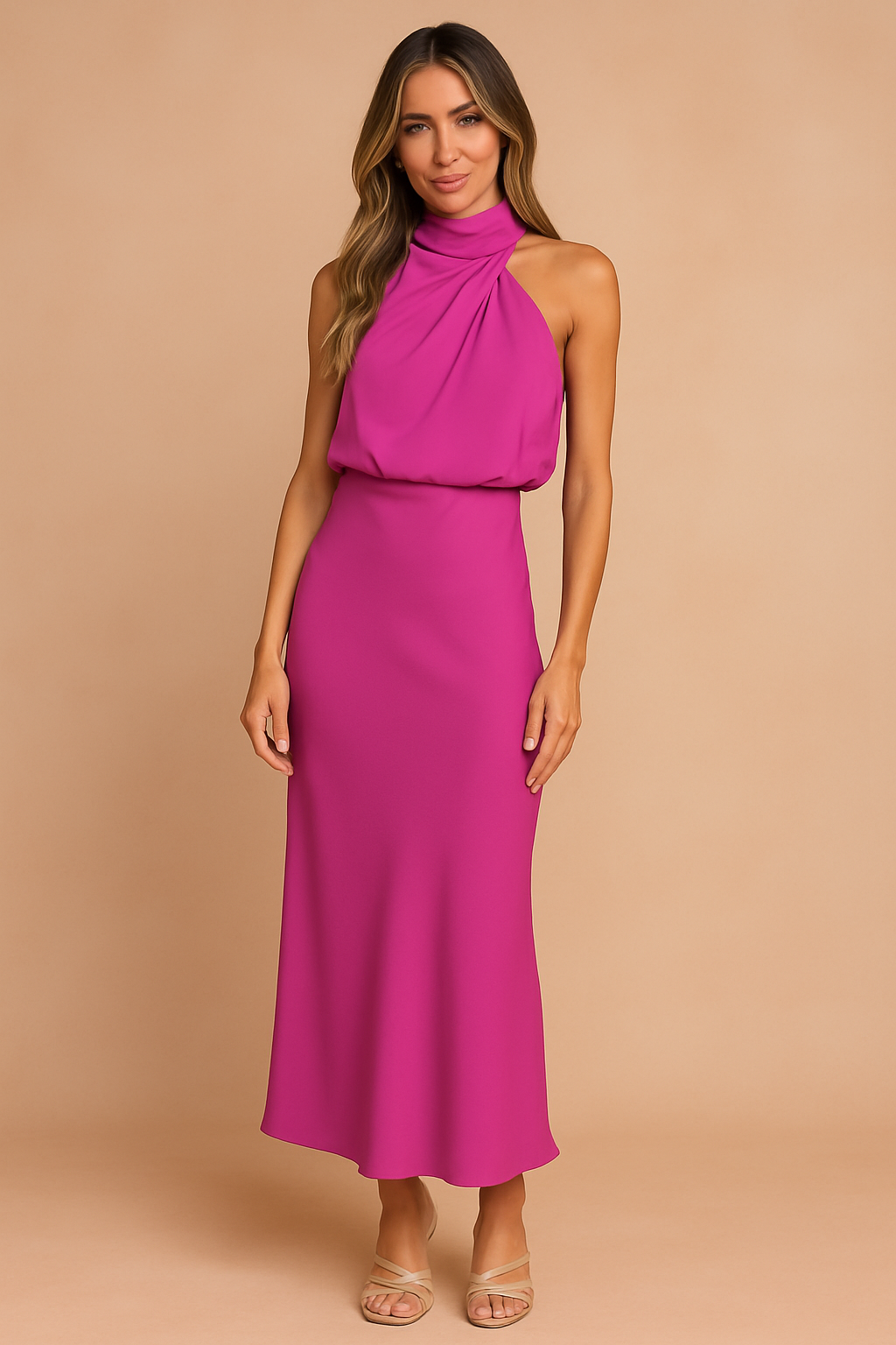 Madelyn | Robe midi pour mariage – Robe élégante à encolure drapée et coupe raffinée