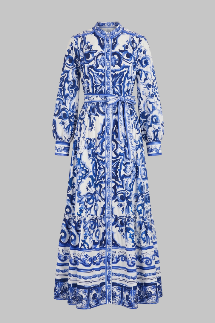 Pénélope | Robe longue d'été – Élégante robe imprimée à manches longues avec col en V