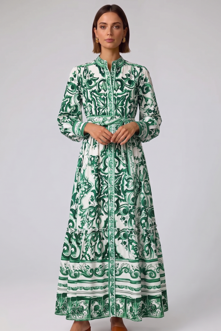 Pénélope | Robe longue d'été – Élégante robe imprimée à manches longues avec col en V