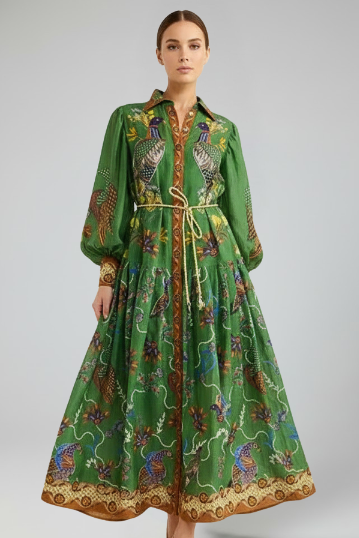Pénélope | Robe longue d'été – Élégante robe imprimée à manches longues avec col en V