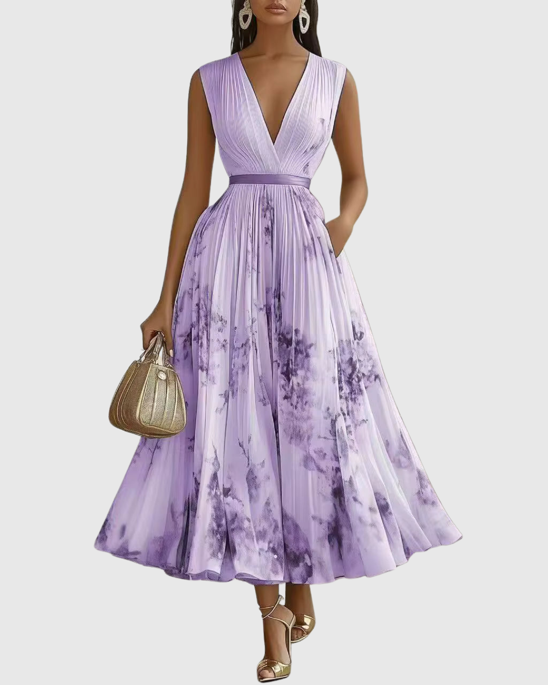 Rowella | Robe longue plissée – Élégante robe fluide avec col en V