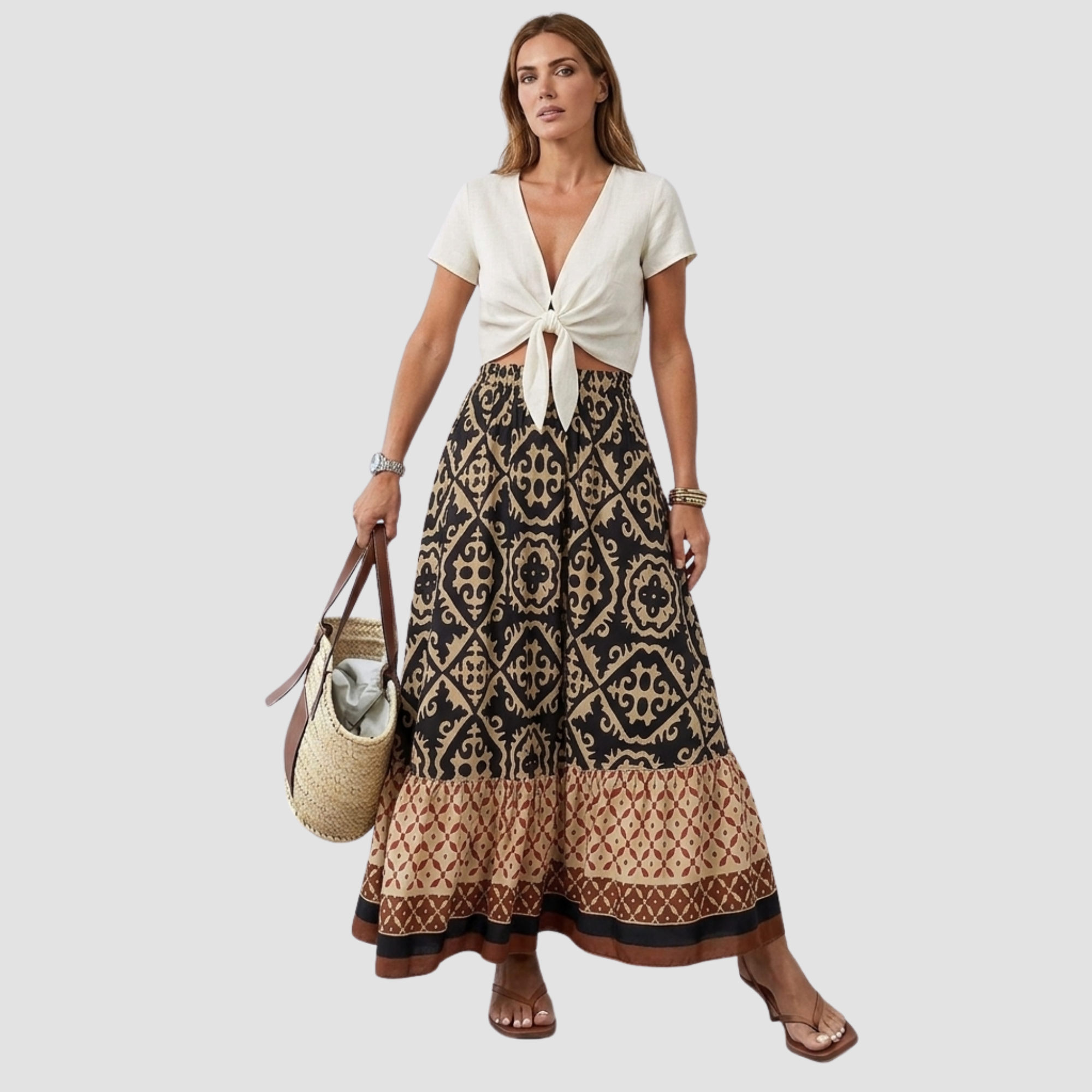 Maya | Jupe Maxi Bohème – Jupe d'été élégante à imprimé carreaux et volant