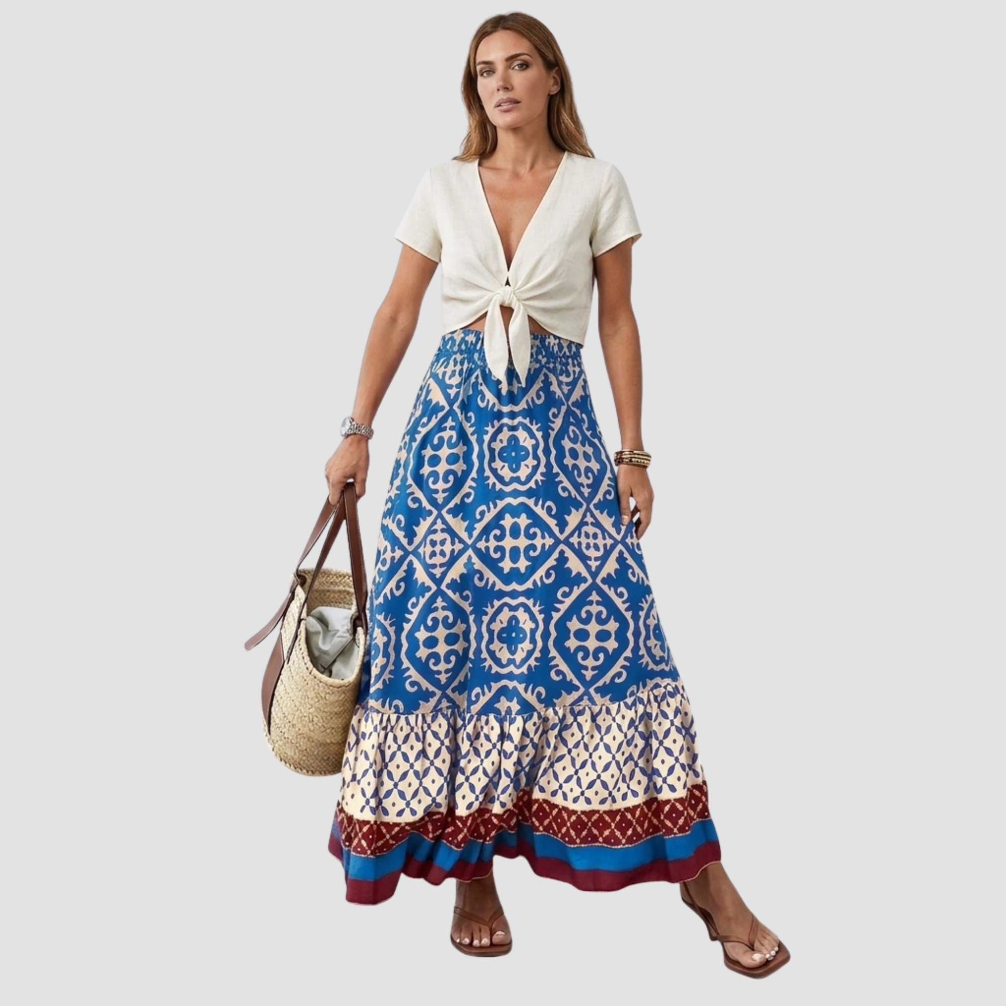 Maya | Jupe Maxi Bohème – Jupe d'été élégante à imprimé carreaux et volant