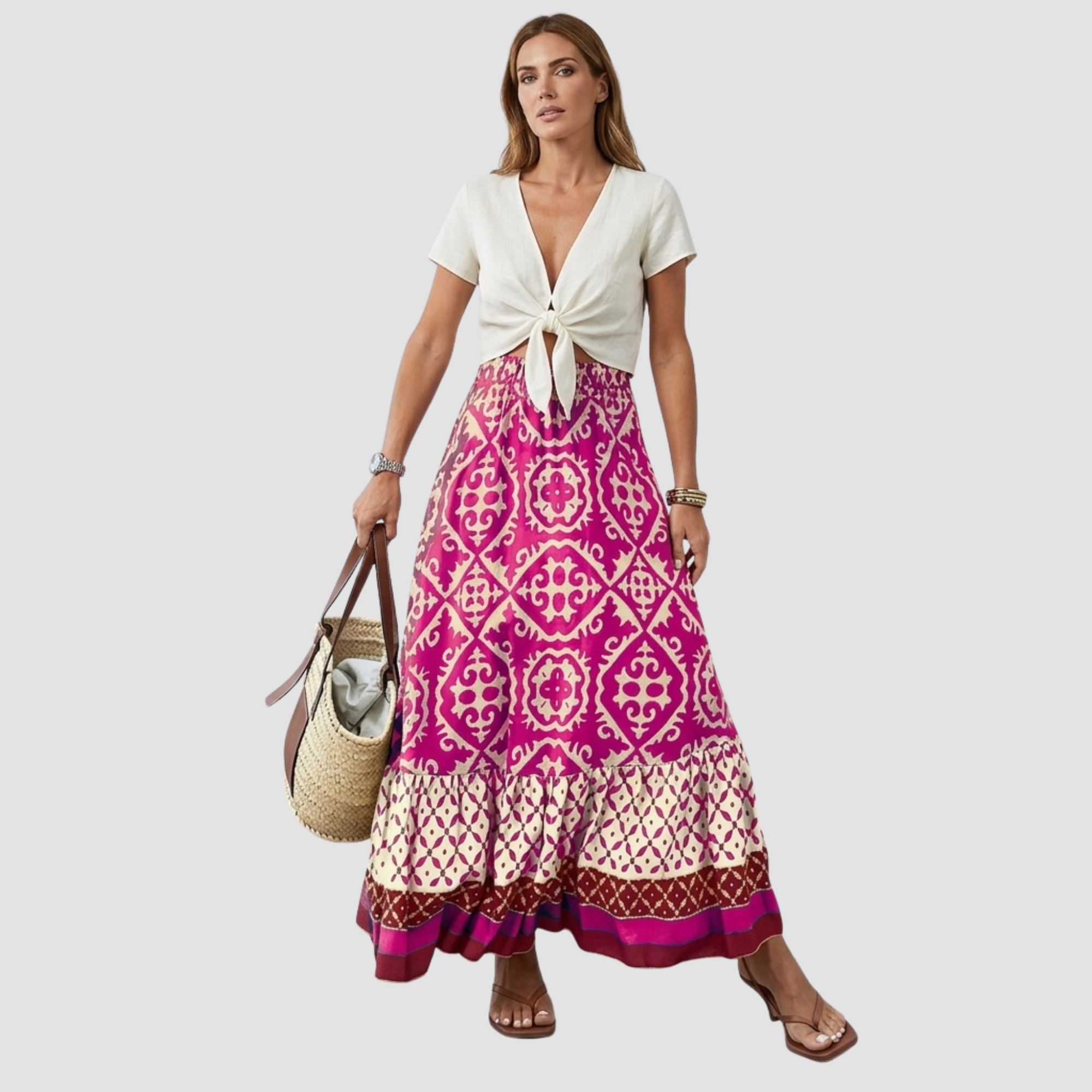 Maya | Jupe Maxi Bohème – Jupe d'été élégante à imprimé carreaux et volant