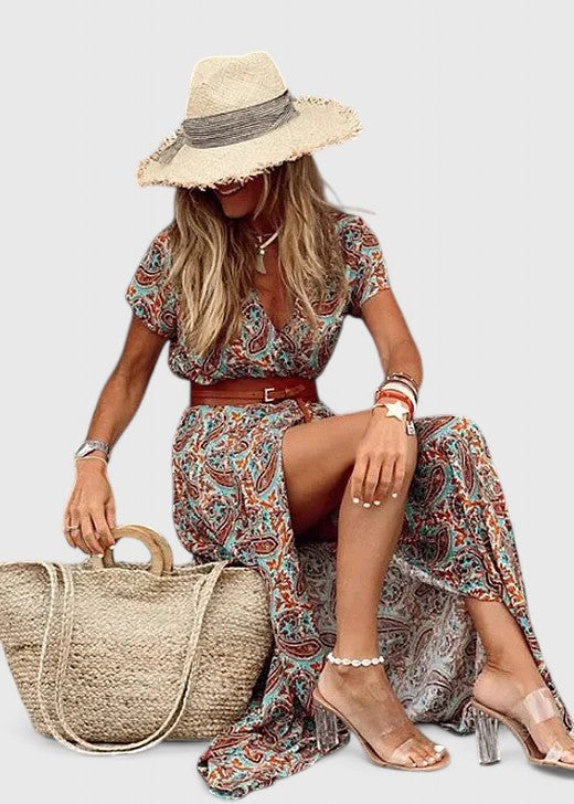 Alleta | Robe Longue Été – Élégante Robe Bohème avec Ceinture Froncée