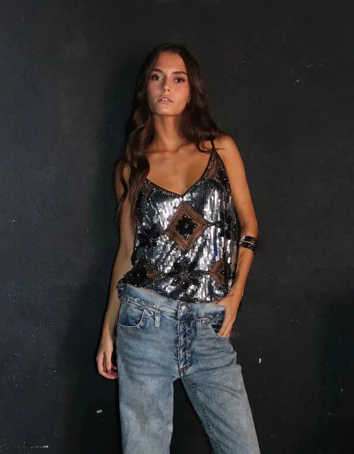 Elisa | Top à sequins pour femme – Top glamour sans manches pour soirées et festivals