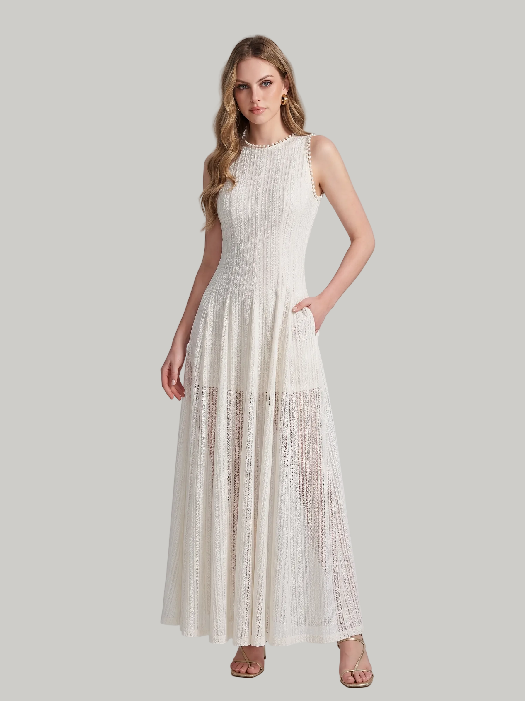 Elégante | Robe longue en dentelle – Robe maxi sans manches élégante pour mariage et soirées