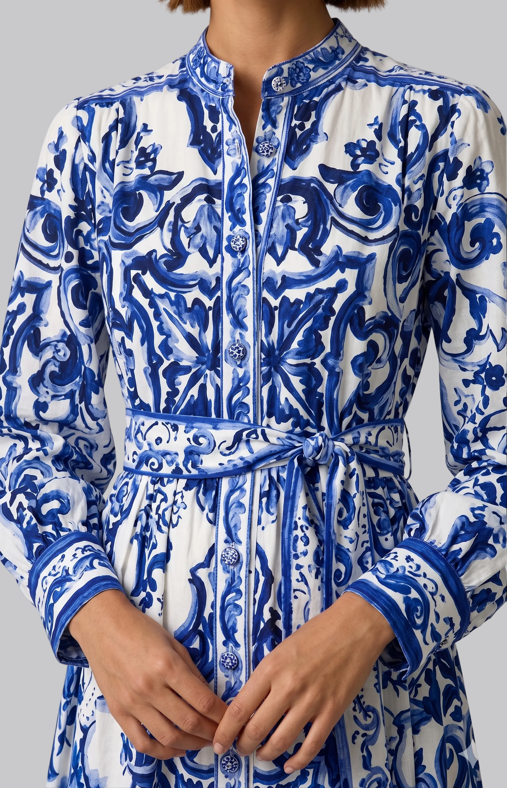 Pénélope | Robe longue d'été – Élégante robe imprimée à manches longues avec col en V