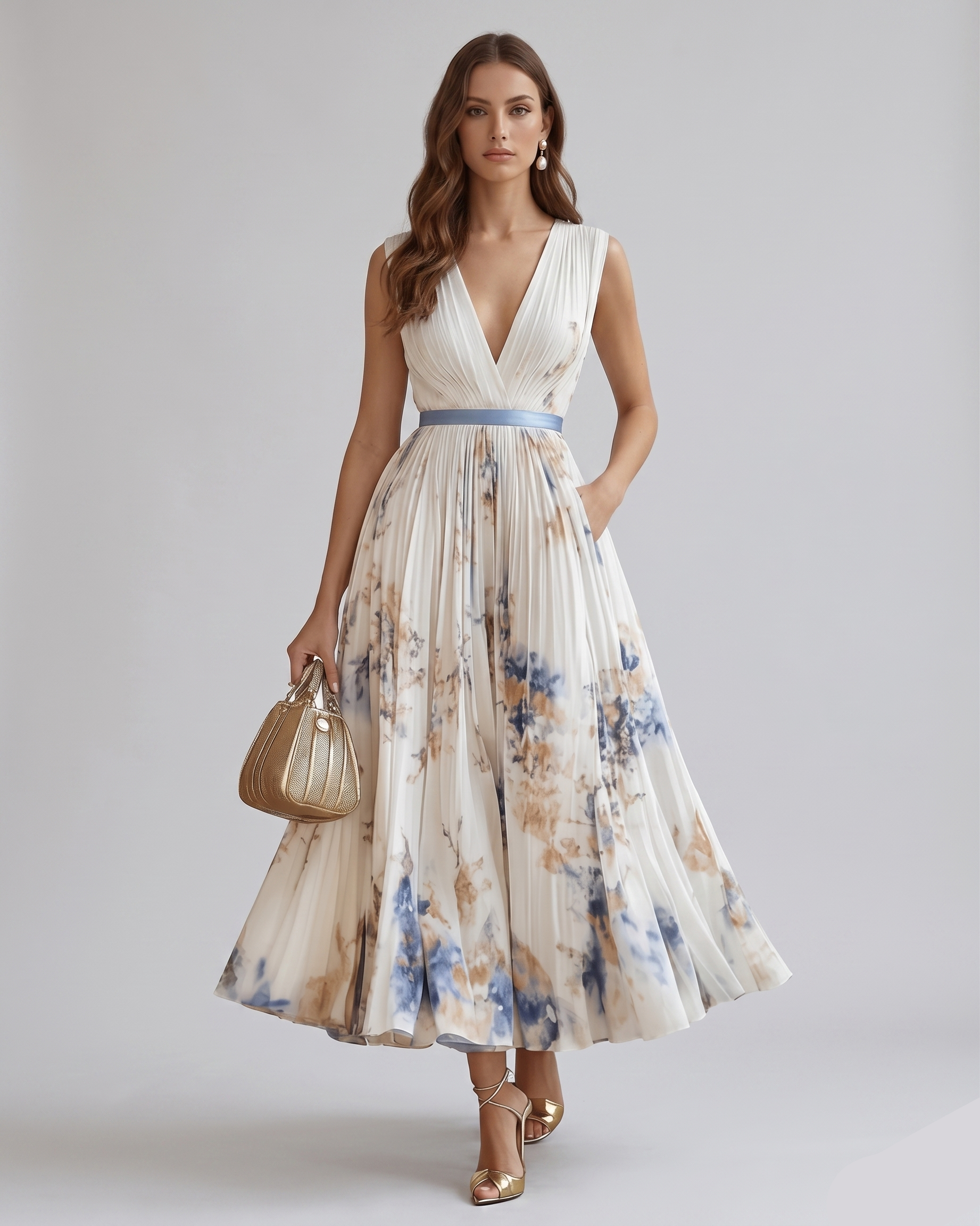Rowella | Robe longue plissée – Élégante robe fluide avec col en V