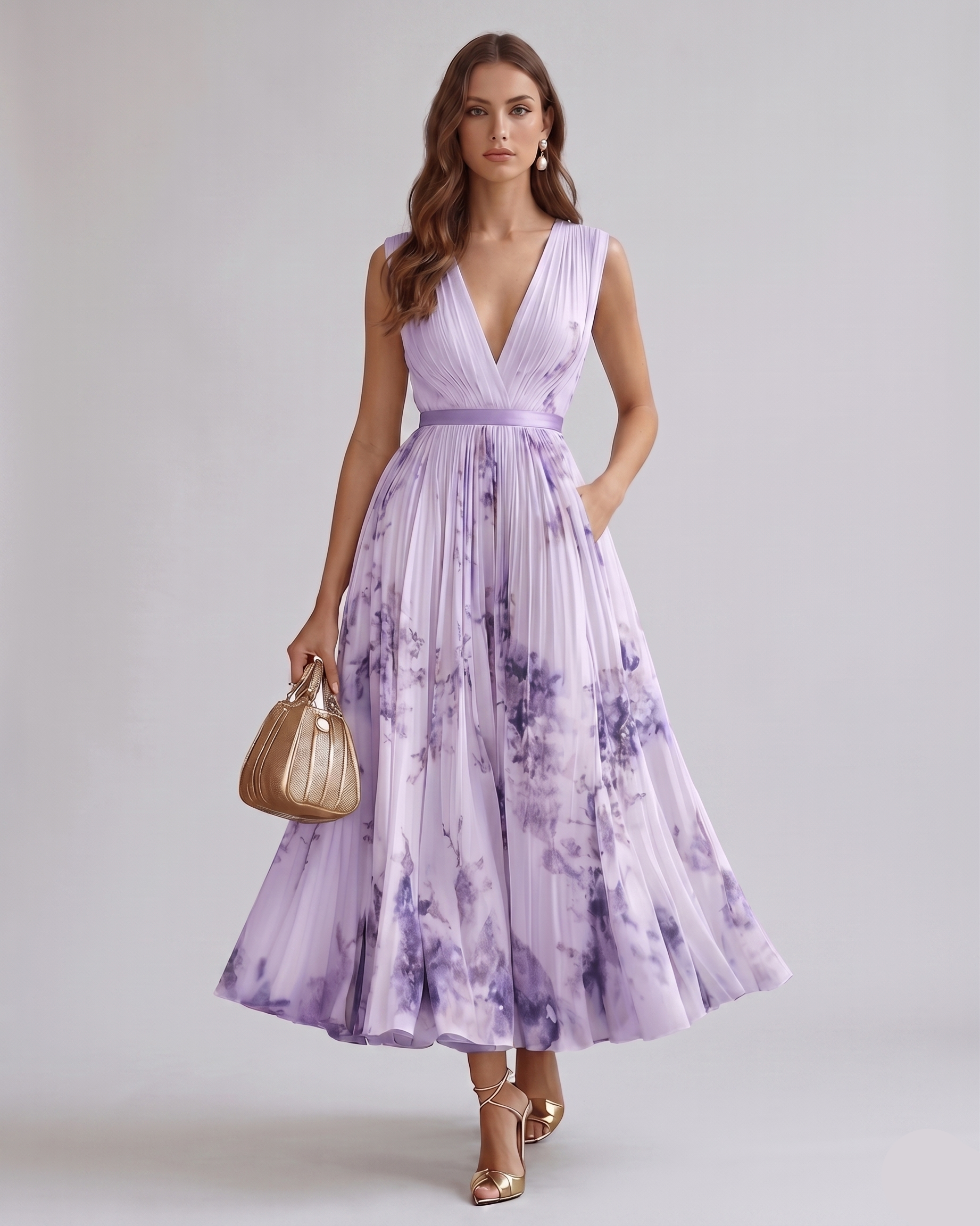 Rowella | Robe longue plissée – Élégante robe fluide avec col en V