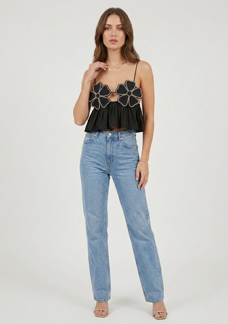 Lysia | Crop top pour femme – Top élégant à appliqués floraux pour les fêtes d'été