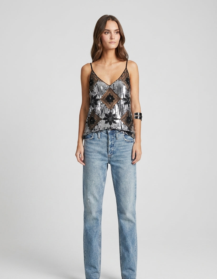 Elisa | Top à sequins pour femme – Top glamour sans manches pour soirées et festivals