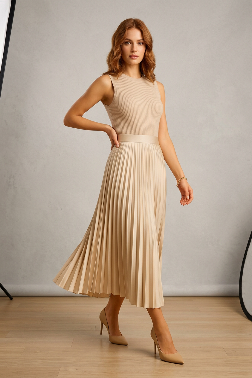 Justyna | Jupe Midi – Jupe en satin plissée élégante à taille haute pour le quotidien et les fêtes