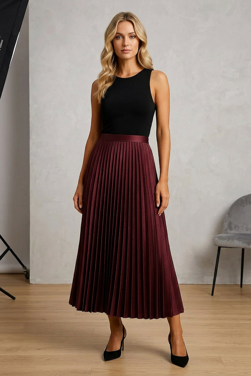 Justyna | Jupe Midi – Jupe en satin plissée élégante à taille haute pour le quotidien et les fêtes