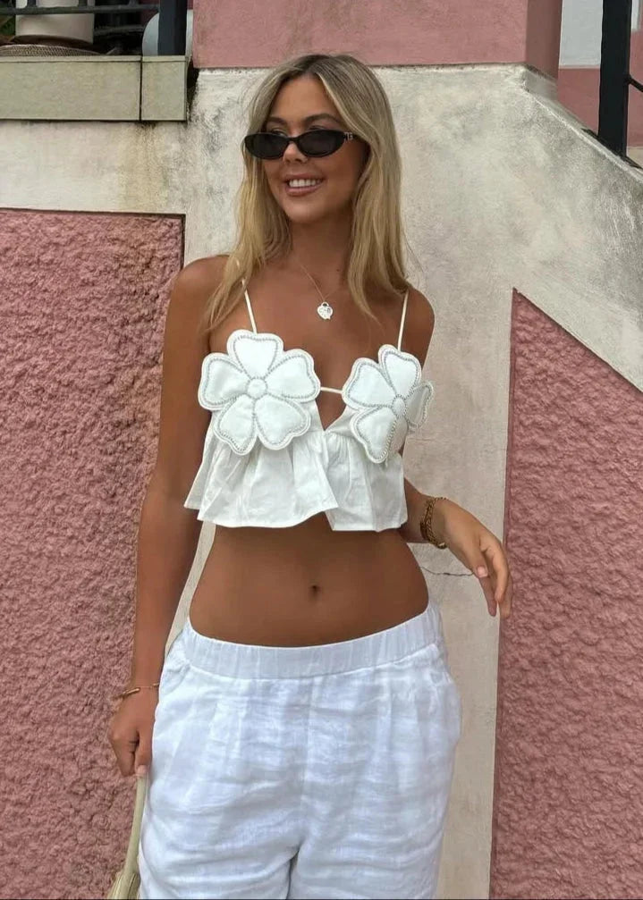 Lysia | Crop top pour femme – Top élégant à appliqués floraux pour les fêtes d'été