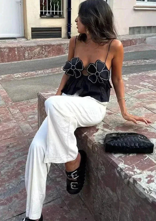 Lysia | Crop top pour femme – Top élégant à appliqués floraux pour les fêtes d'été