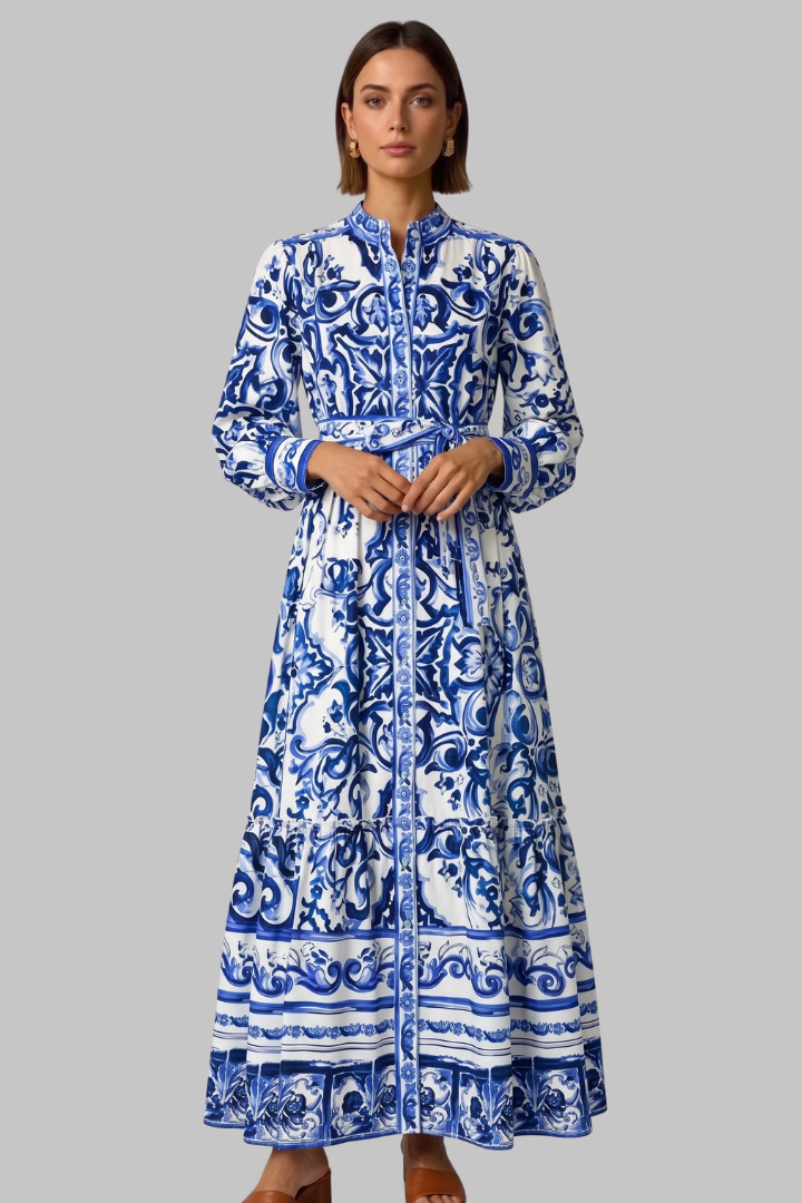 Pénélope | Robe longue d'été – Élégante robe imprimée à manches longues avec col en V