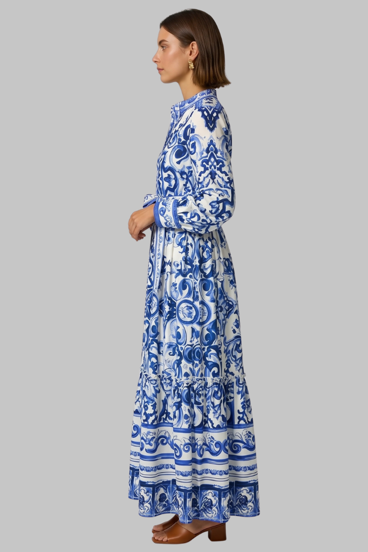 Pénélope | Robe longue d'été – Élégante robe imprimée à manches longues avec col en V