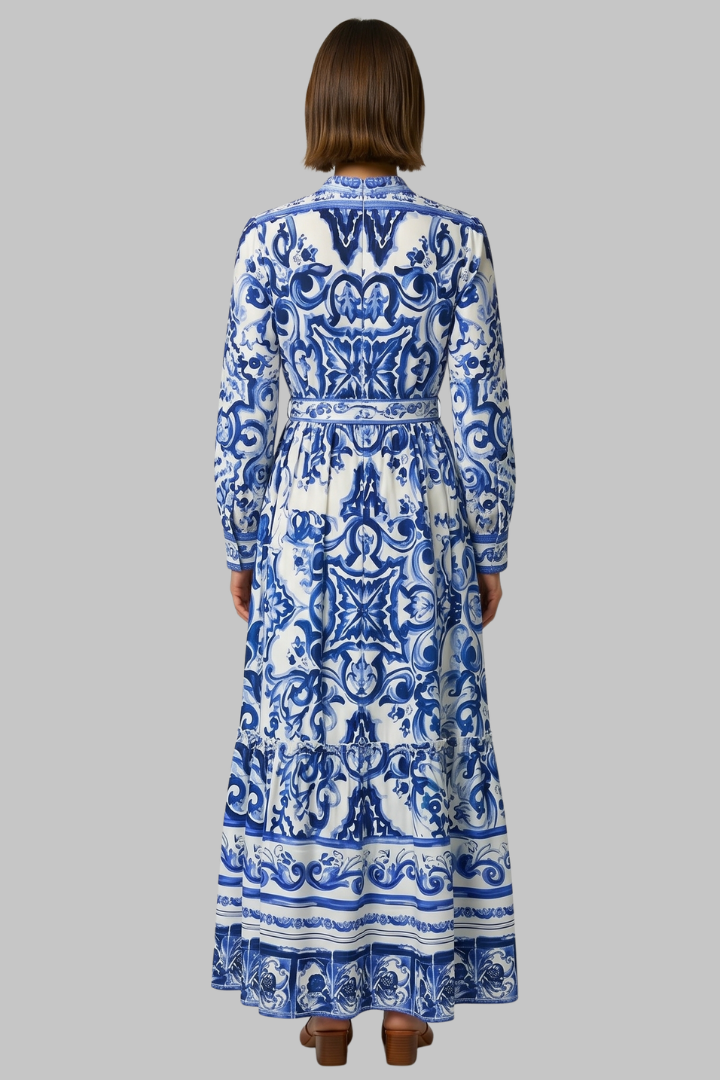 Pénélope | Robe longue d'été – Élégante robe imprimée à manches longues avec col en V