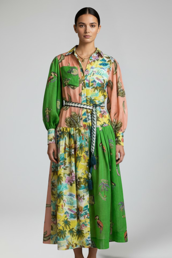 Pénélope | Robe longue d'été – Élégante robe imprimée à manches longues avec col en V