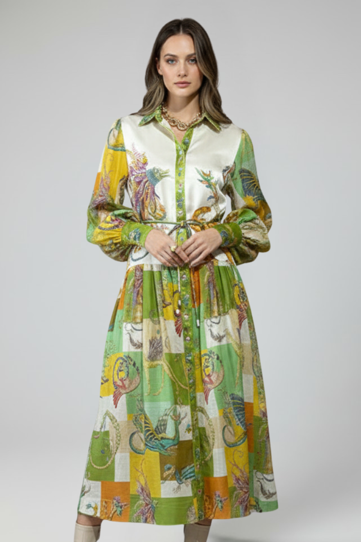Pénélope | Robe longue d'été – Élégante robe imprimée à manches longues avec col en V