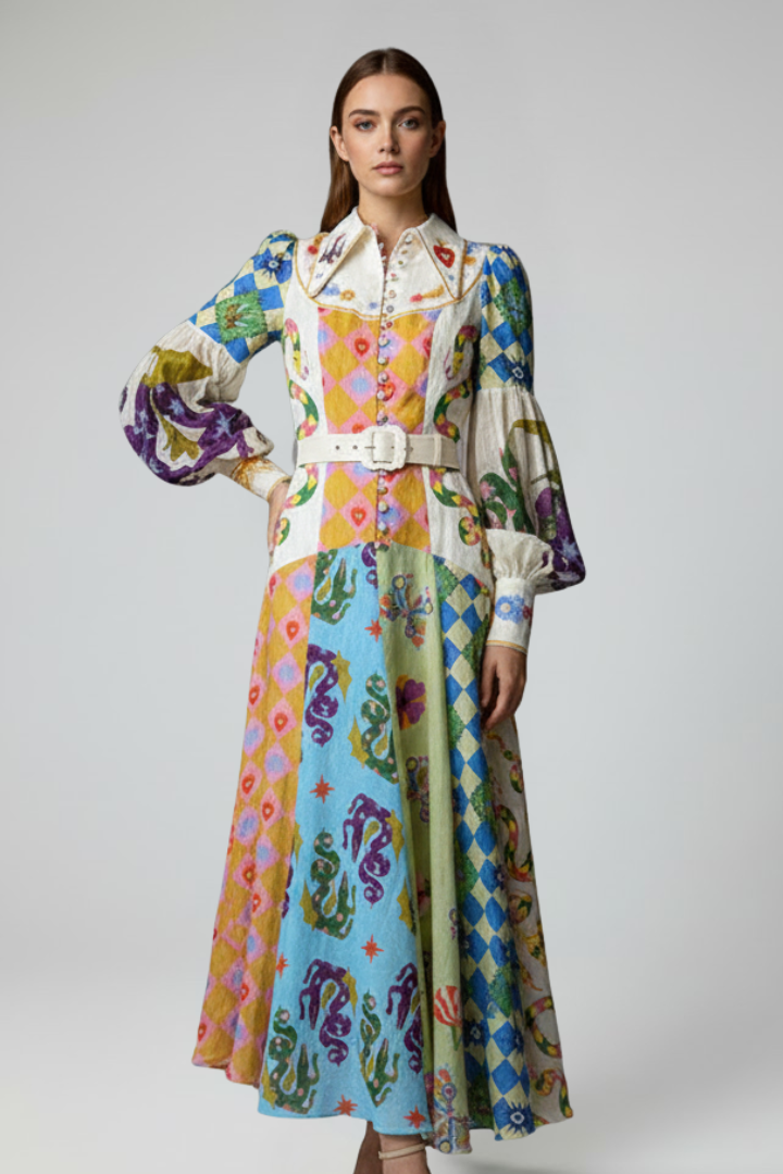 Pénélope | Robe longue d'été – Élégante robe imprimée à manches longues avec col en V