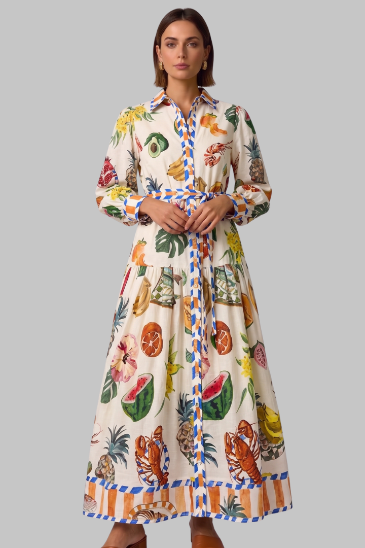 Pénélope | Robe longue d'été – Élégante robe imprimée à manches longues avec col en V