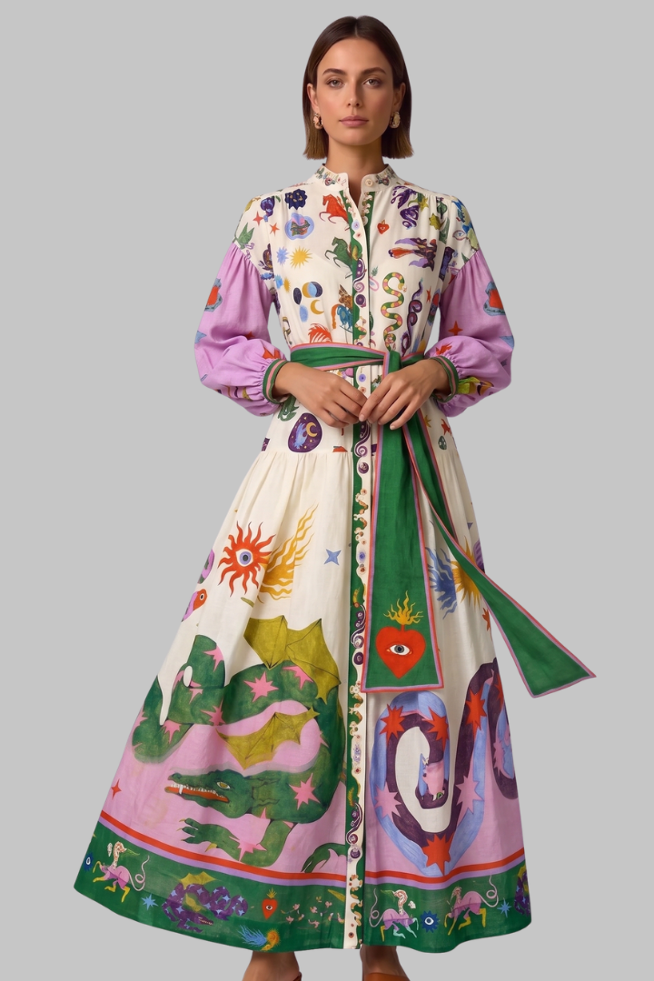 Pénélope | Robe longue d'été – Élégante robe imprimée à manches longues avec col en V