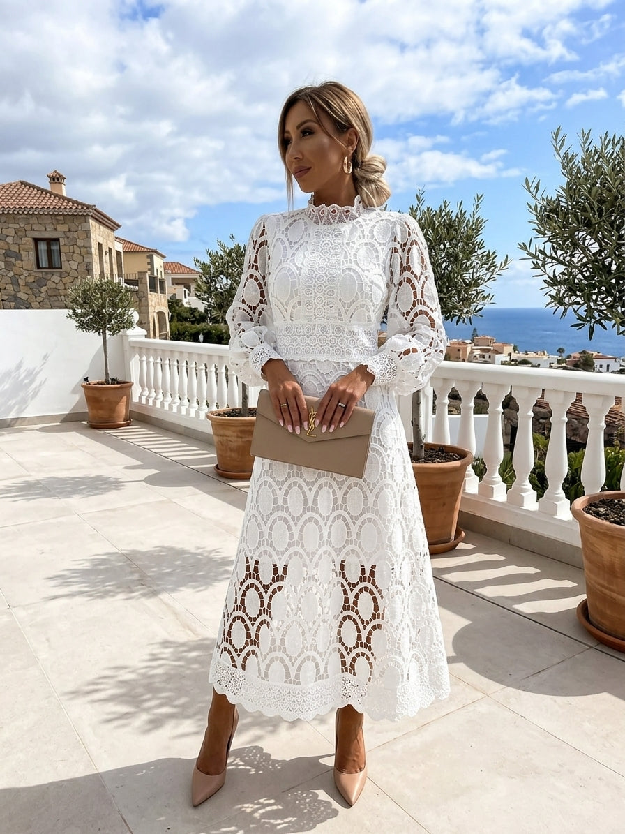 Renata | Robe midi pour mariage – Robe en dentelle élégante à manches bouffantes et col montant