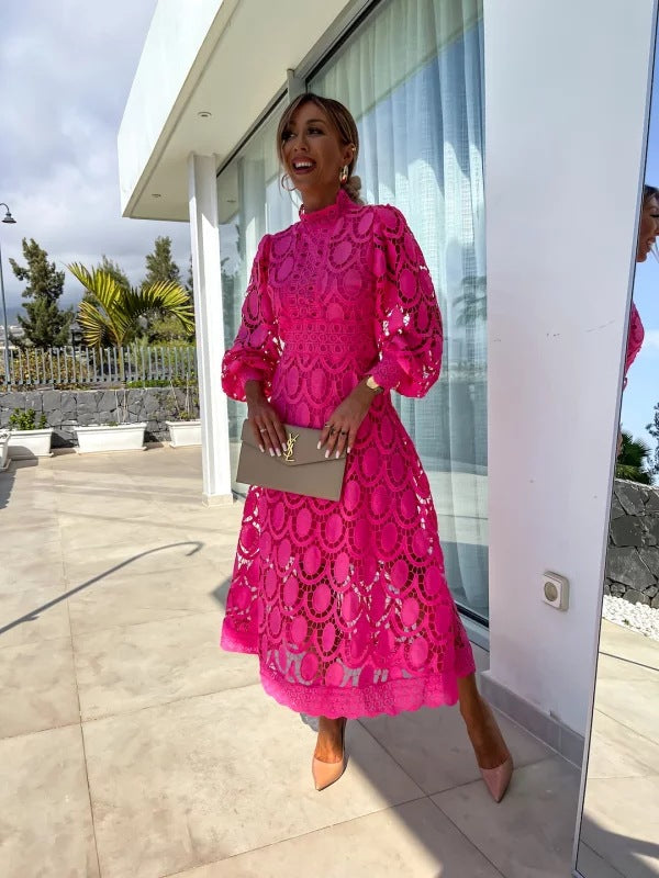 Renata | Robe midi pour mariage – Robe en dentelle élégante à manches bouffantes et col montant