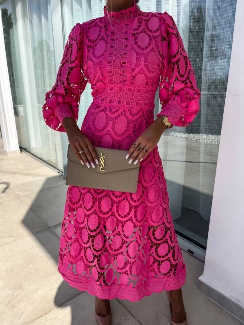 Renata | Robe midi pour mariage – Robe en dentelle élégante à manches bouffantes et col montant
