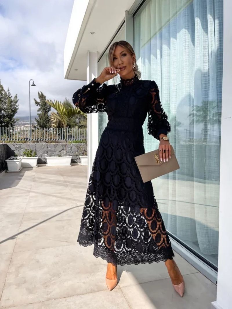 Renata | Robe midi pour mariage – Robe en dentelle élégante à manches bouffantes et col montant