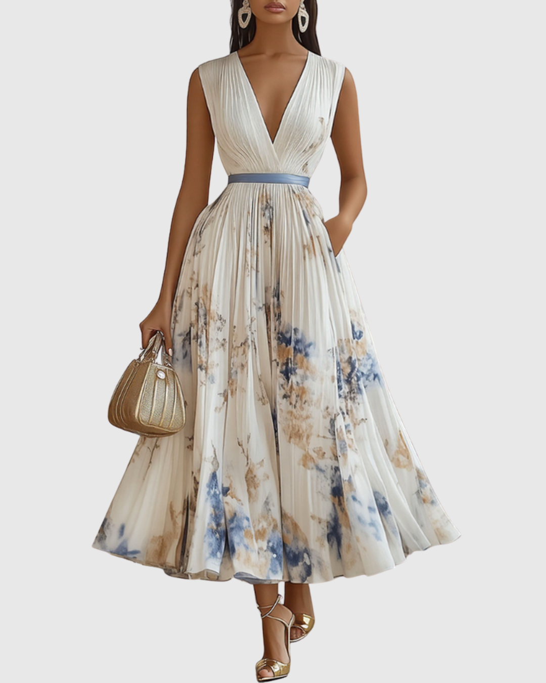 Rowella | Robe longue plissée – Élégante robe fluide avec col en V
