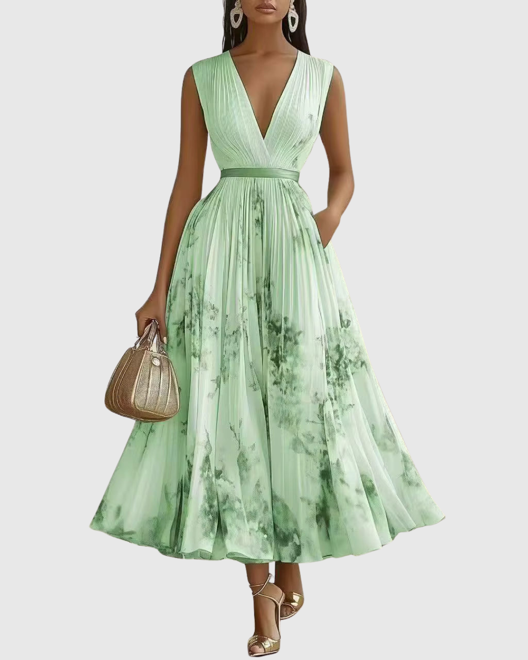 Rowella | Robe longue plissée – Élégante robe fluide avec col en V