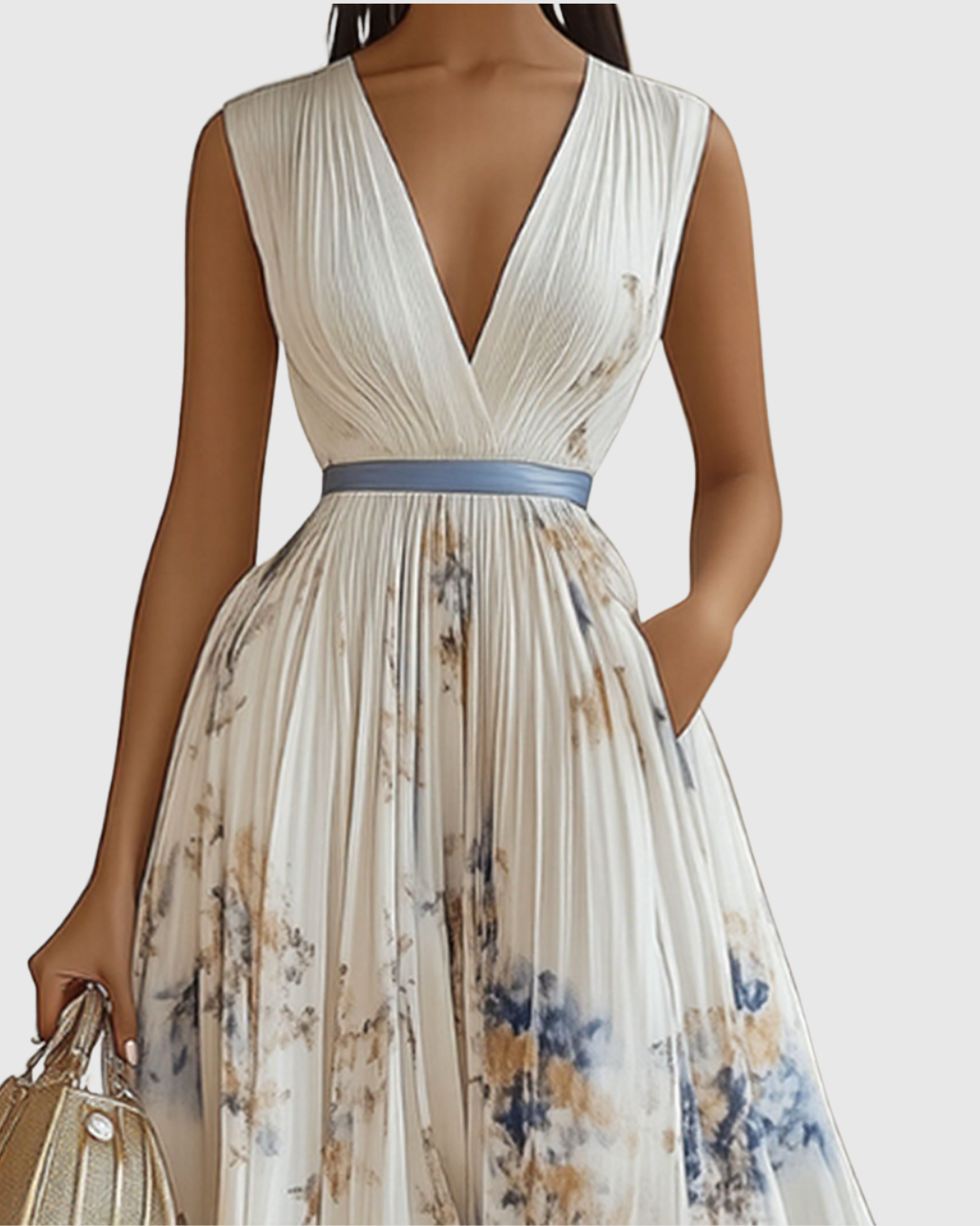 Rowella | Robe longue plissée – Élégante robe fluide avec col en V