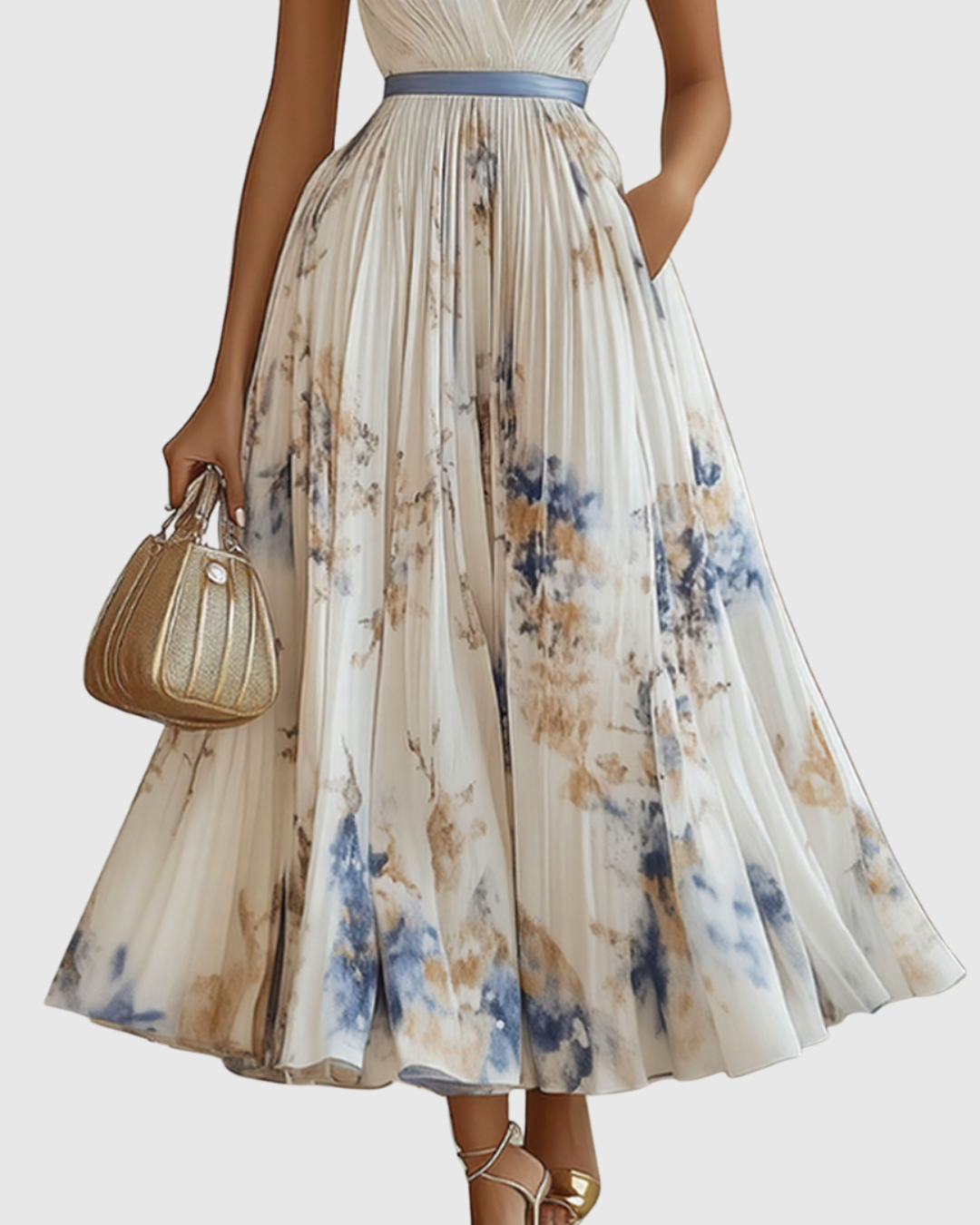 Rowella | Robe longue plissée – Élégante robe fluide avec col en V